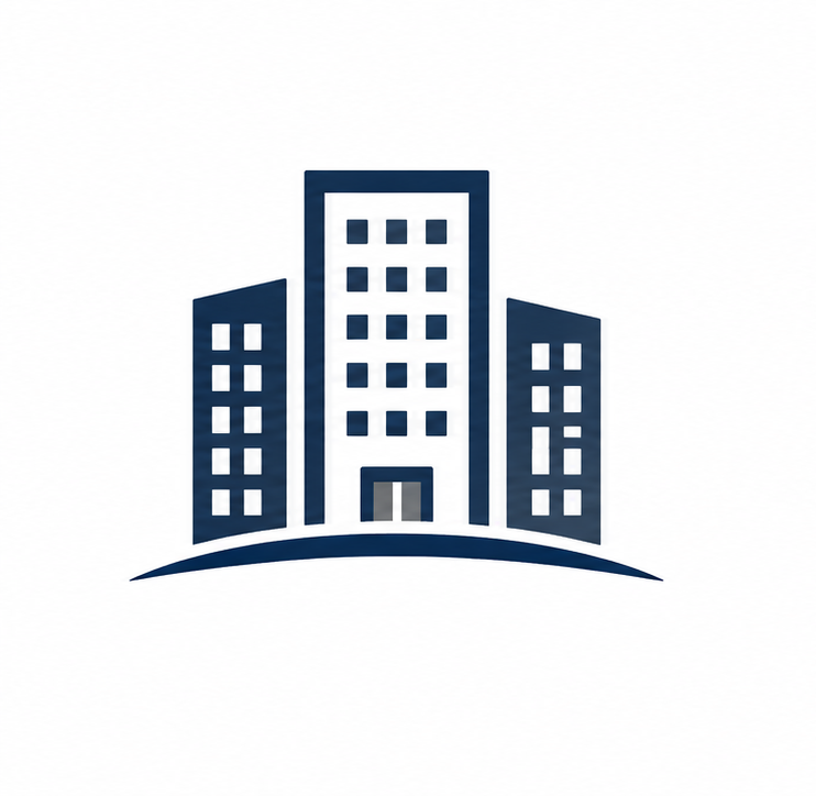 Illustration of three blue commercial office and facilities buildings with multiple windows.