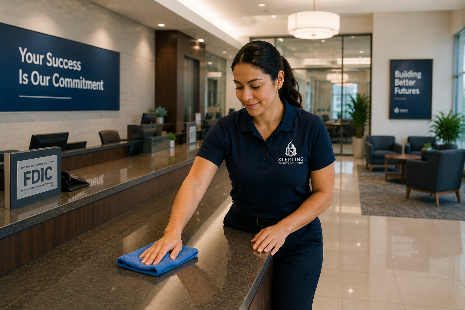 A woman cleaning a reception desk with a blue cloth in a modern office lobby.