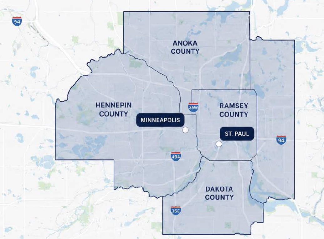 Map showing the area of Minneapolis and surrounding counties in Minnesota, including Hennepin County, Anoka County, Ramsey County, Dakota County, and the cities of Minneapolis and St. Paul, with major highways I-94, I-35, and I-494.