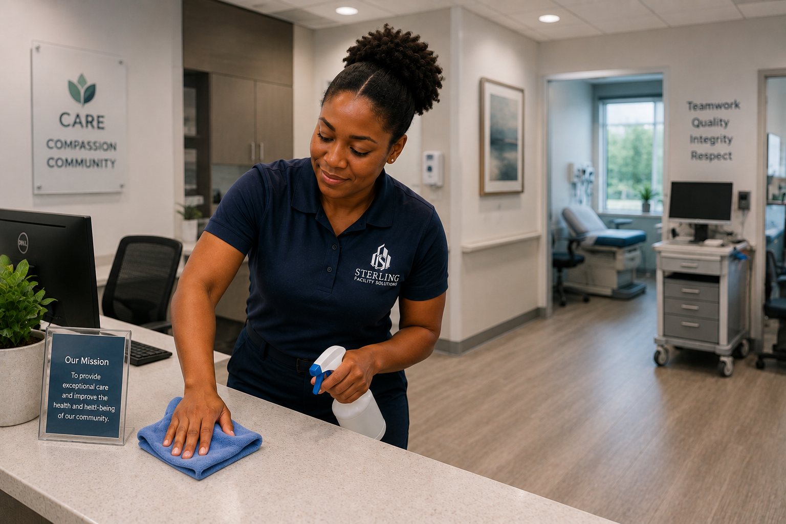A woman wearing a blue Sterling Facilities Solutions cleaning uniform while cleaning a medical or dental commercial space.