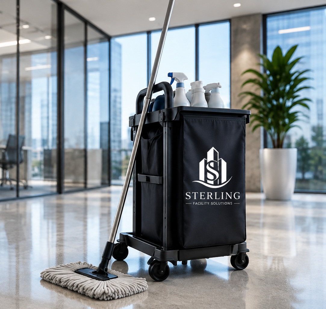 A mop and cleaning supplies in a Sterling Facility Solutions cart inside a sparkling clean commercial office space.