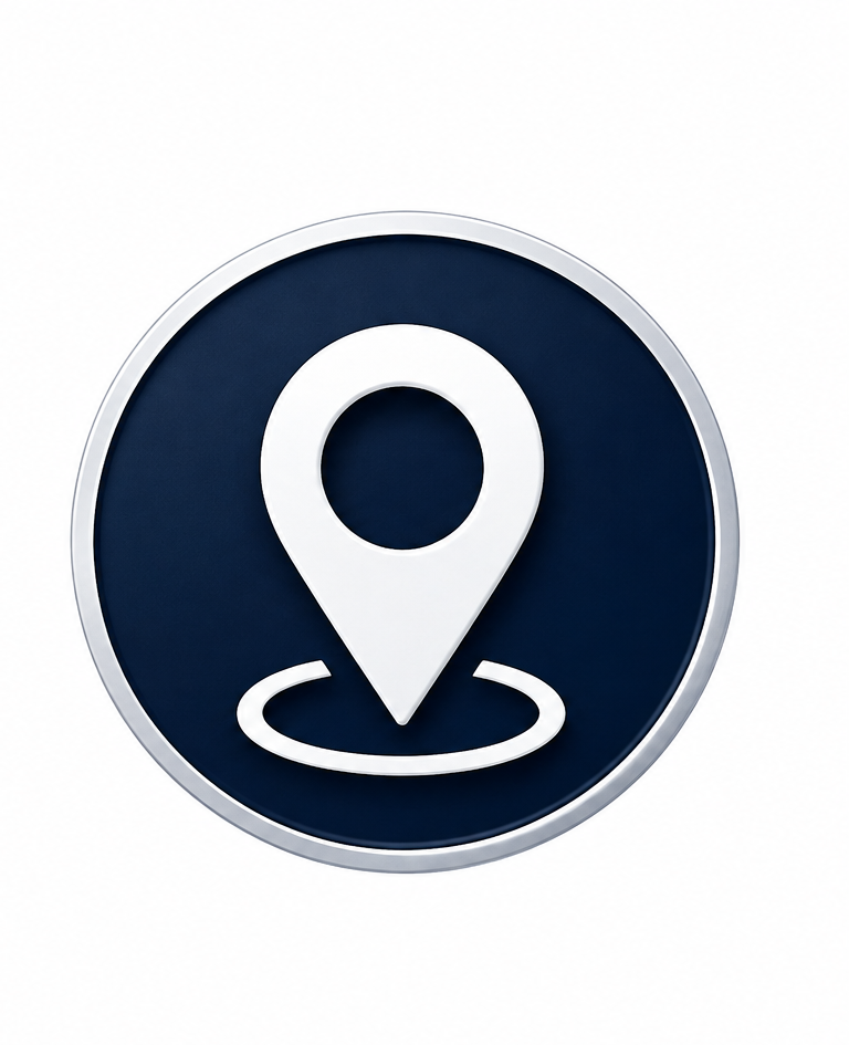 A digital icon of a location pin with a circular ring beneath it, on a dark blue circular background with a silver border.
