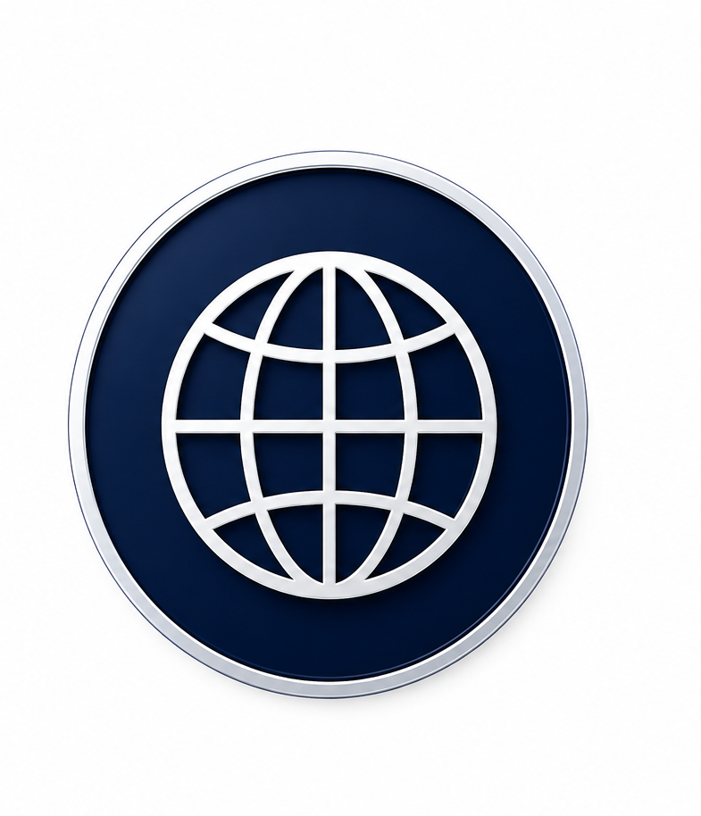 A circular sign with a white globe icon on a dark blue background.