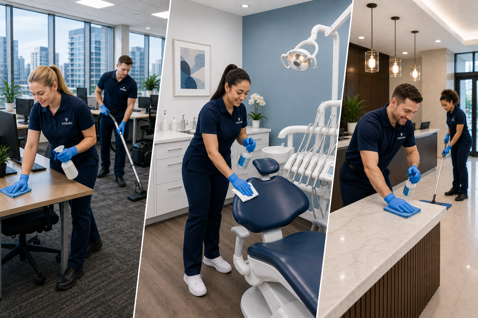 Cleaning staff cleaning different areas: an office, a dental clinic, and a reception area, all wearing navy uniforms and blue gloves.