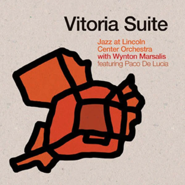 Album cover of Vitoria Suite by Jazz at Lincoln Center Orchestra with Wynton Marsalis, featuring an illustrated red rose against a white background.