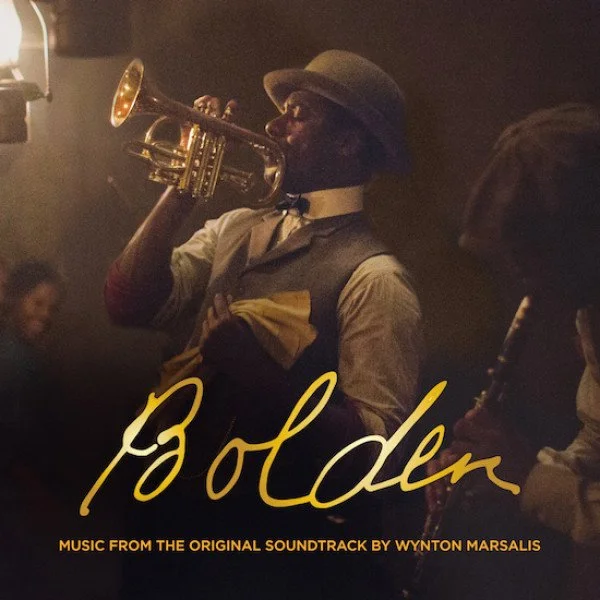 Album cover of Bolden (Original Motion Picture Soundtrack), featuring a bronze-toned portrait of the actor portraying Buddy Bolden playing the trumpet from the side.