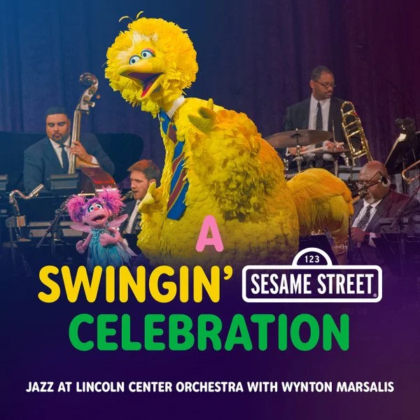 Album cover of The Sesame Street Alphabet Album by Jazz at Lincoln Center Orchestra with Wynton Marsalis, featuring Big Bird performing on stage with the orchestra.