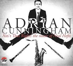 Album cover of Ain't That Right by Adrian Cunningham, featuring Adrian Cunningham seated with his legs apart and three instruments placed between them.