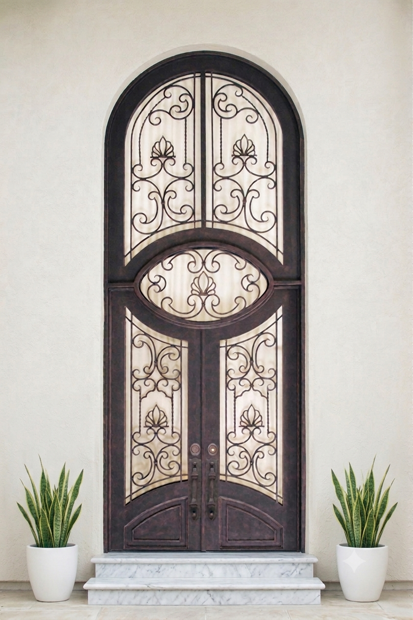 Elegant wrought iron double doors with ornate scrollwork and floral accents, set in a white wall, with two potted snake plants on marble steps.