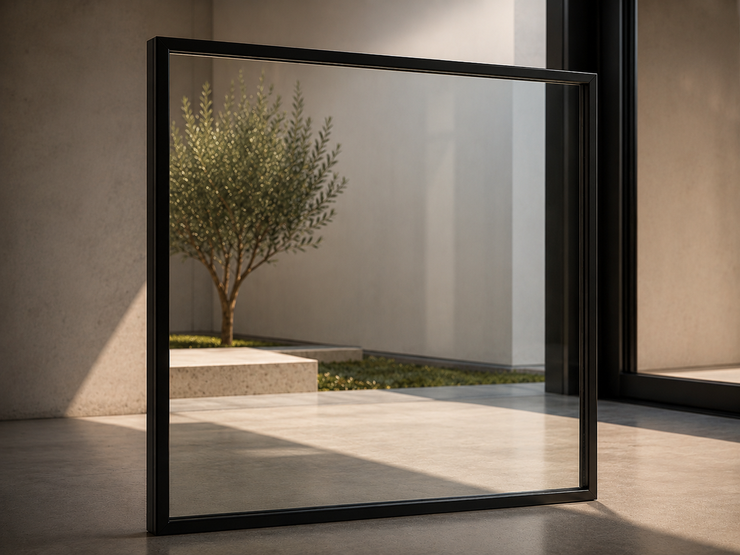 Indoor view of a square glass mirror leaning against a wall, with outdoor sunlit tree visible in its reflection.