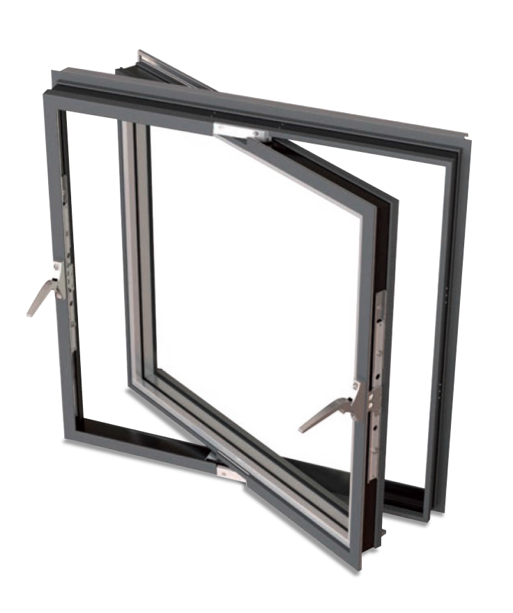 A gray, metal-framed, double-pane window with one window pane slightly tilted open.