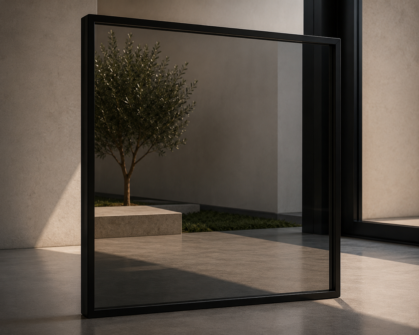 A black metal frame standing in an indoor space, reflecting a small tree and part of a building exterior with a window.