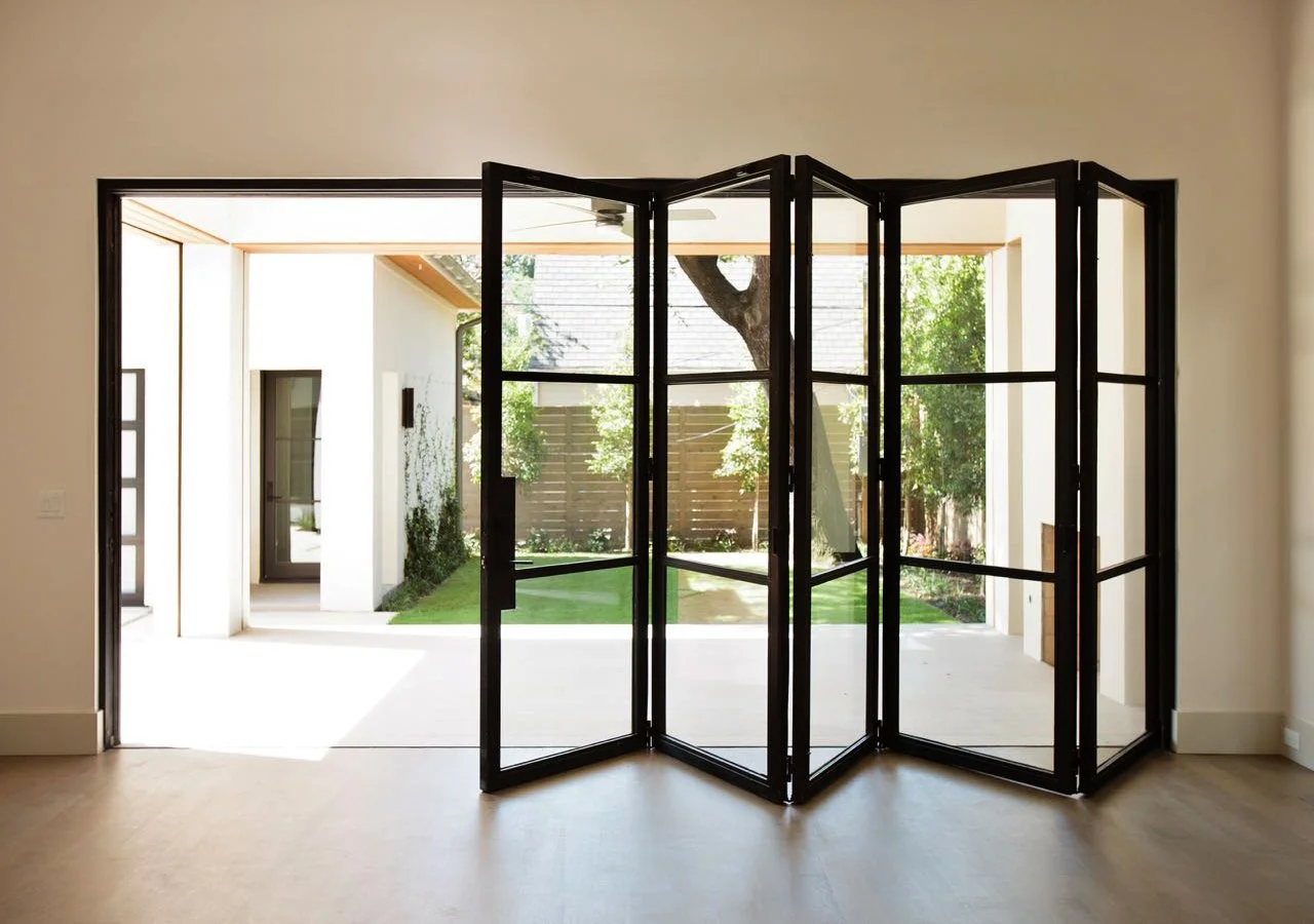Open black folding glass door leading to a backyard with trees and a wooden fence.