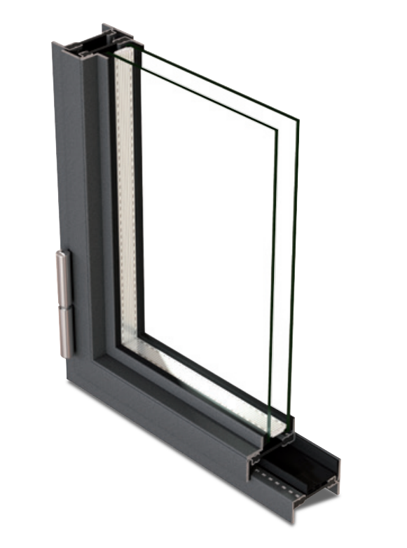 Cross-section of a modern window frame showing the glass pane, insulation, and hardware components.