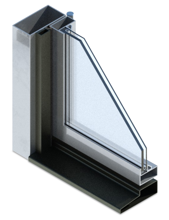 Cross-sectional view of a window with a tilting or sliding mechanism, showing the frame, glass pane, and hardware.