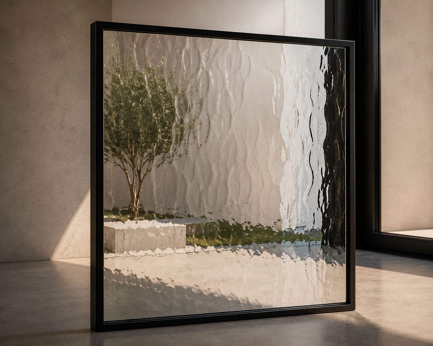 A framed piece of art with a textured, rippled glass surface reflecting an outdoor scene including a tree and some greenery.