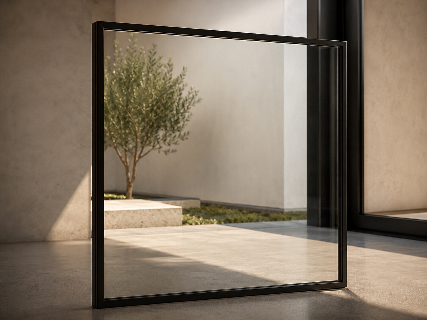 A large glass window or mirror leaning against a wall in a modern interior space, with a view of an outdoor area featuring a tree, steps, and concrete wall.