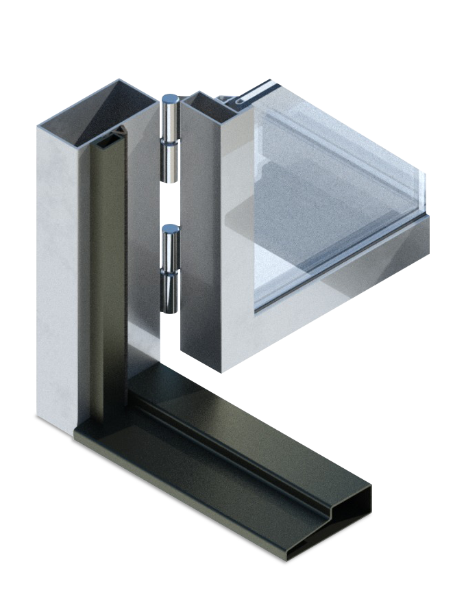 A 3D rendering of a modern sliding glass display case with stainless steel frame and black base.