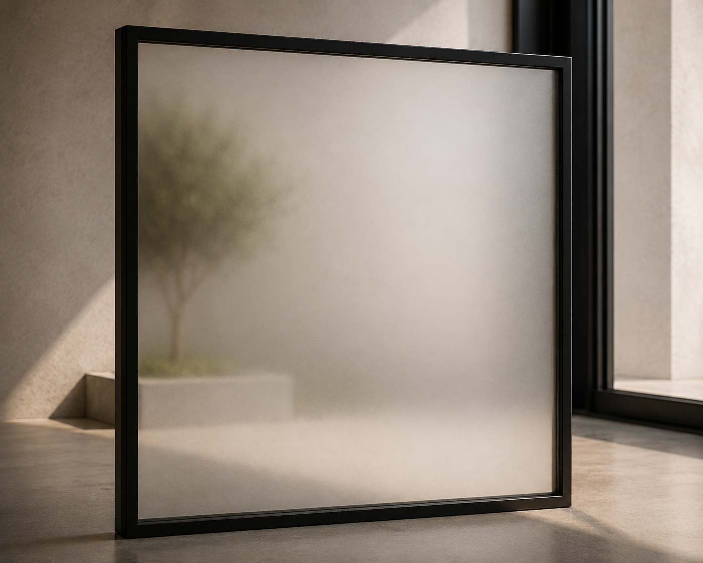 Frosted glass window with a black frame, partially reflecting a blurred indoor scene with a green plant, against a beige wall.