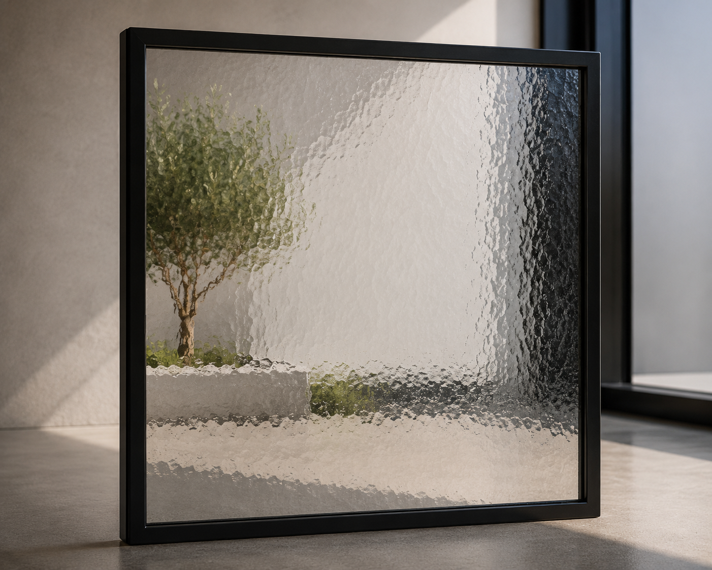 A rectangular glass window with textured, frosted glass in a black frame, showing a blurred view of a tree and a sidewalk outside.