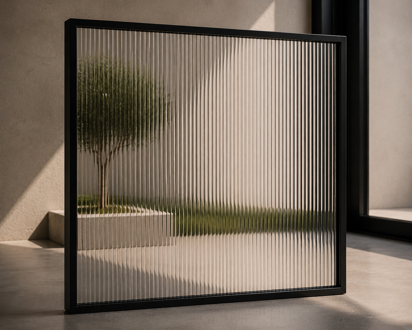 Framed glass room divider with vertical ridges, showing a potted tree and green grass outside.
