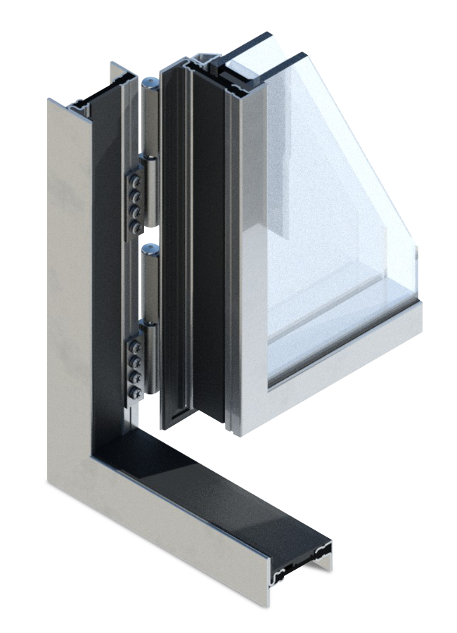 A close-up of a modern, stainless steel and glass refrigerator door hinge mechanism.