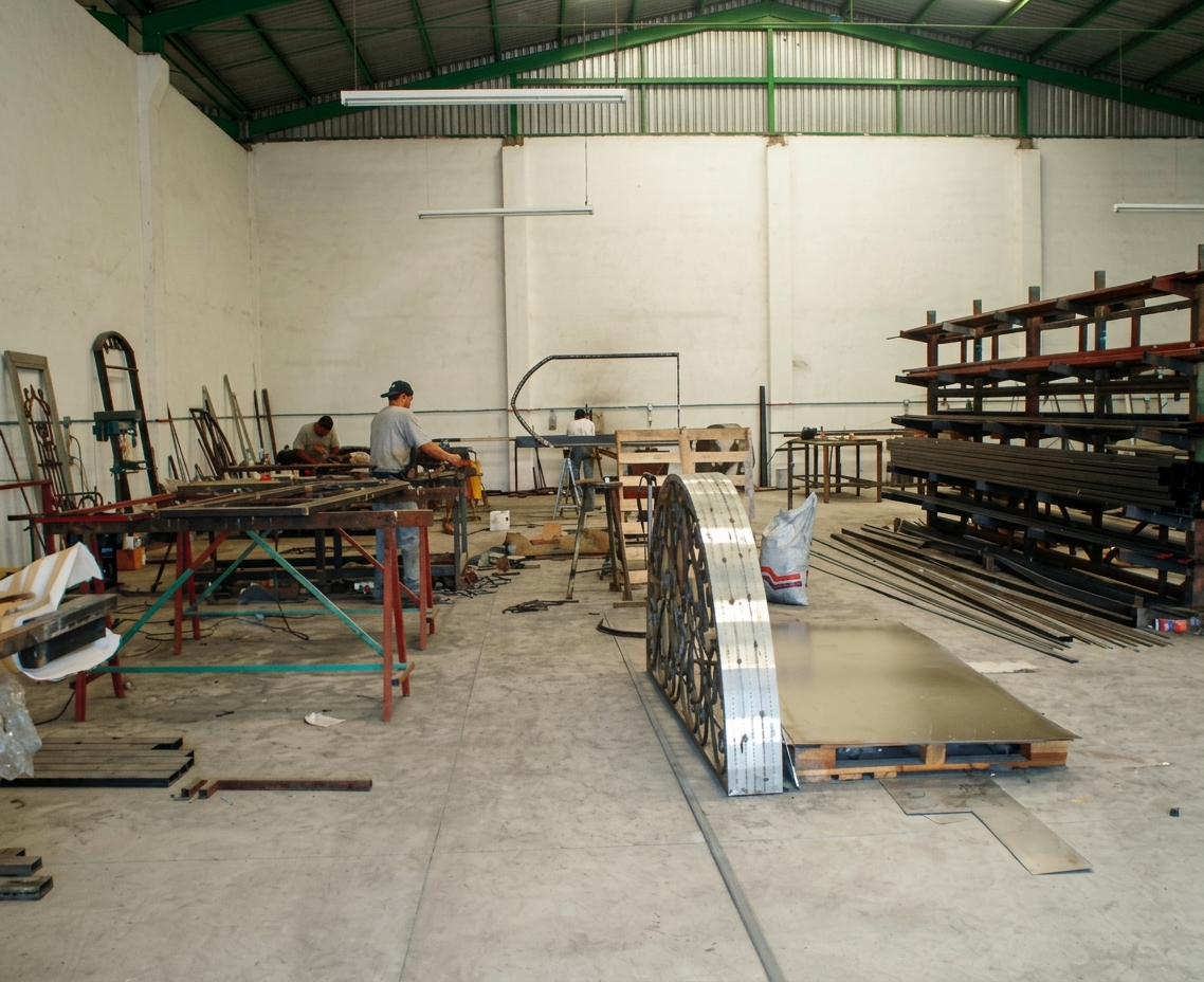 Inside a workshop with two workers assembling metal parts. Shelves with metal rods and materials are visible, with some equipment and work tables on the left and right sides of the room.