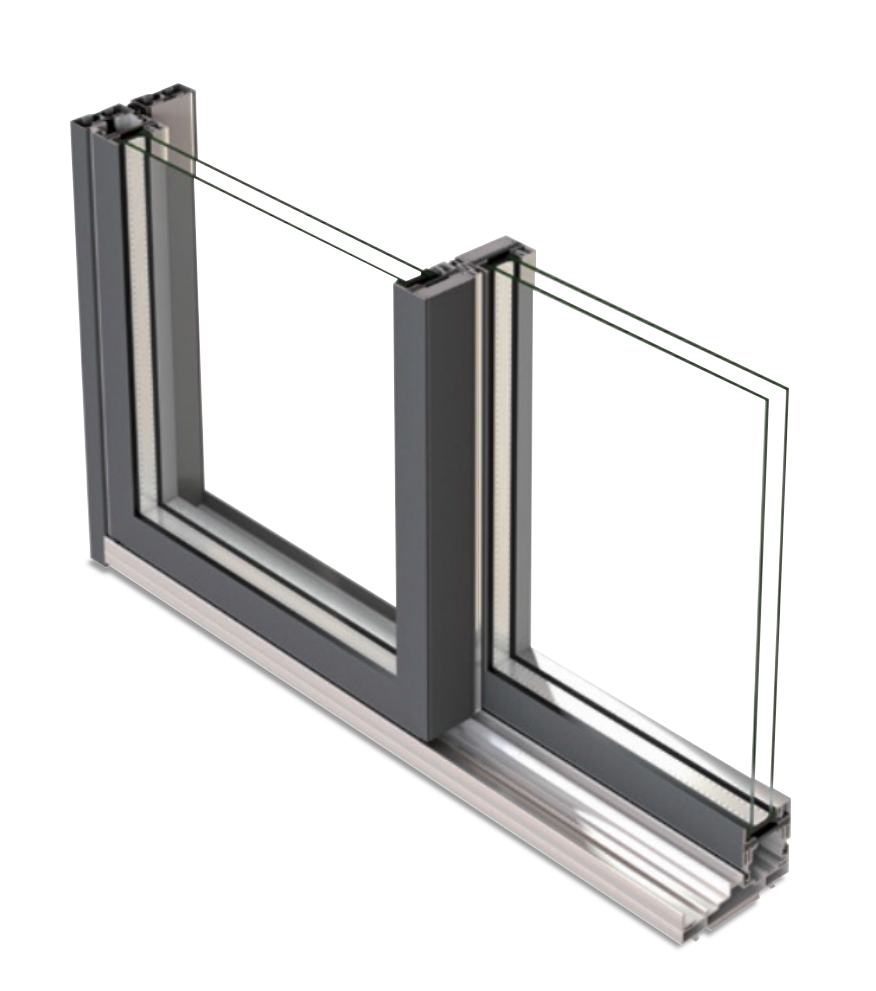 Close-up of a sliding glass door frame with two glass panels, one partially open, showing the door's track system.