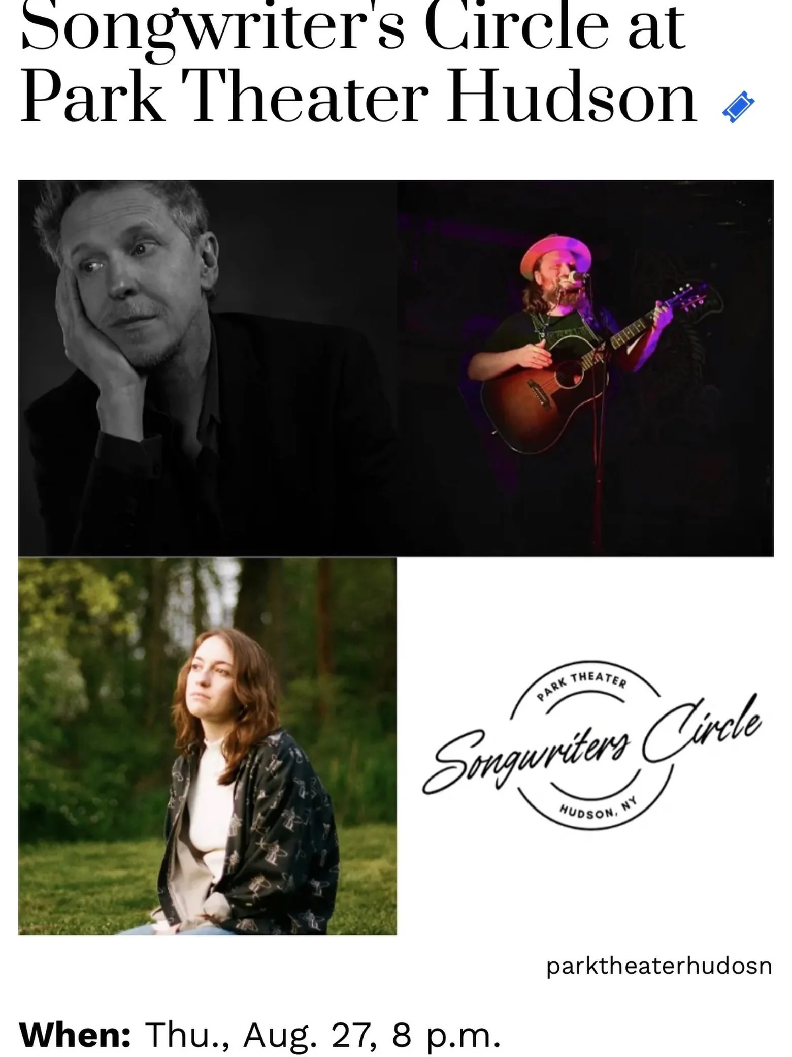 next up
@parktheaterhudson 
thurs aug 27 

a roundabout of songs  with @selenatibert and @chris.odriscoll