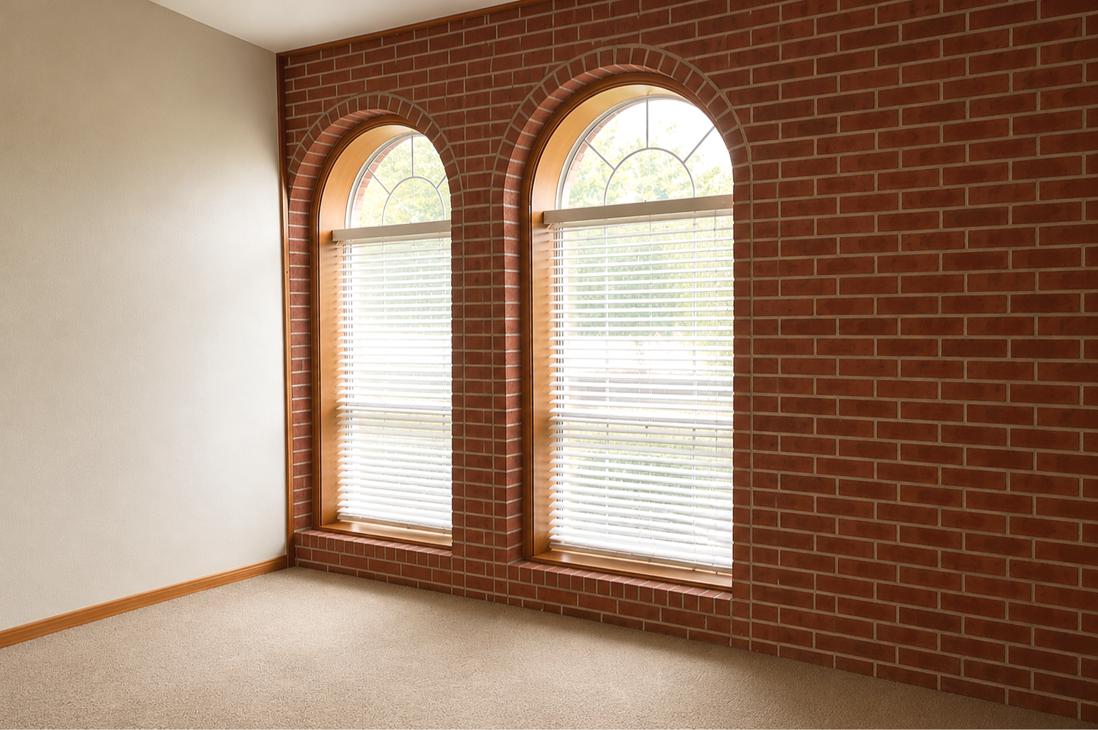 Empty room with brick wall and two arched windows with white blinds.