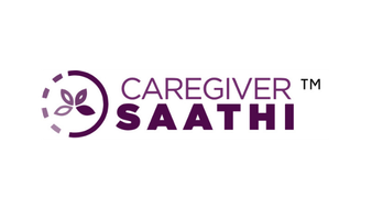 Logo for Caregiver Saathi featuring purple text and a leaf icon.