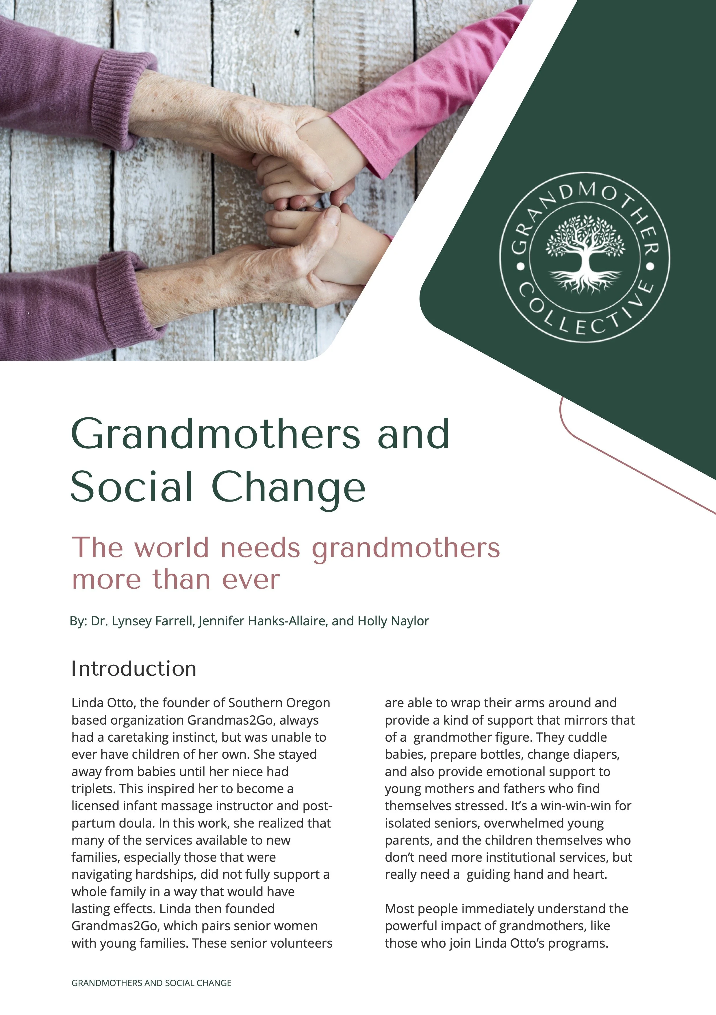 Cover page of a publication titled 'Grandmothers and Social Change,' showing an elderly woman and a young girl shaking hands, with a green circular logo featuring a tree. The subtitle reads 'The world needs grandmothers more than ever,' and the authors are Dr. Lynsey Farrell, Jennifer Hanks-Allaire, and Holly Naylor.