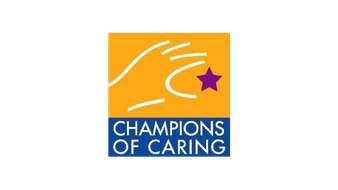 Logo of Champions of Caring featuring a stylized hand, a purple star, and the text 'Champions of Caring' on a blue background.