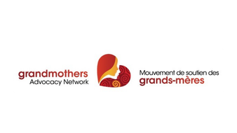 Logo of Grandmothers Advocacy Network with red, yellow, and white colors, and text in English and French supporting grandmothers.