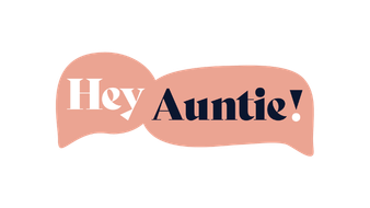 Text graphic reading 'Hey Auntie!' in pink and dark blue colors.