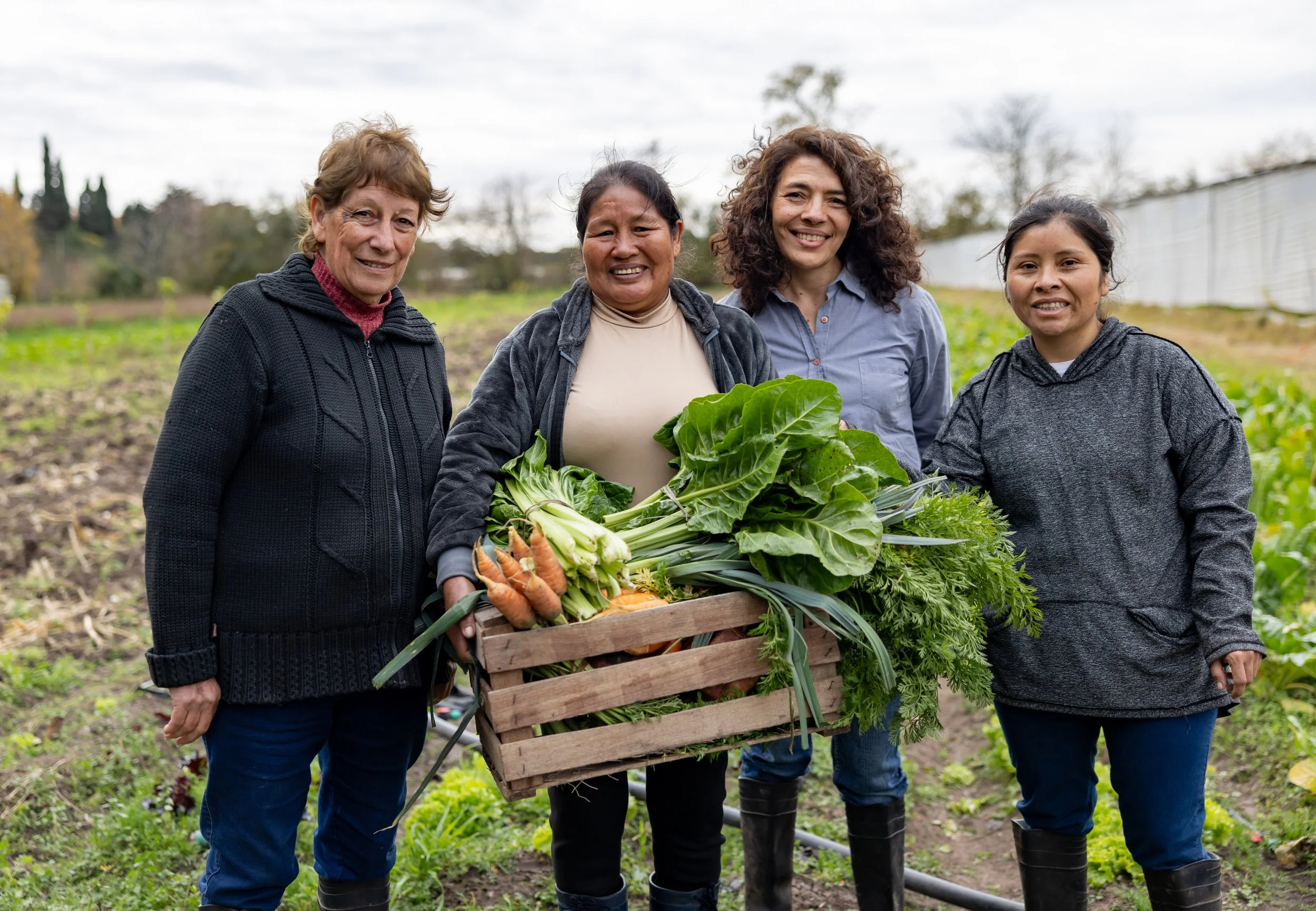Four women of diverse backgrounds and ages stand together outdoors in a garden, smiling and holding a wooden crate filled with freshly harvested vegetables like carrots and leafy greens.