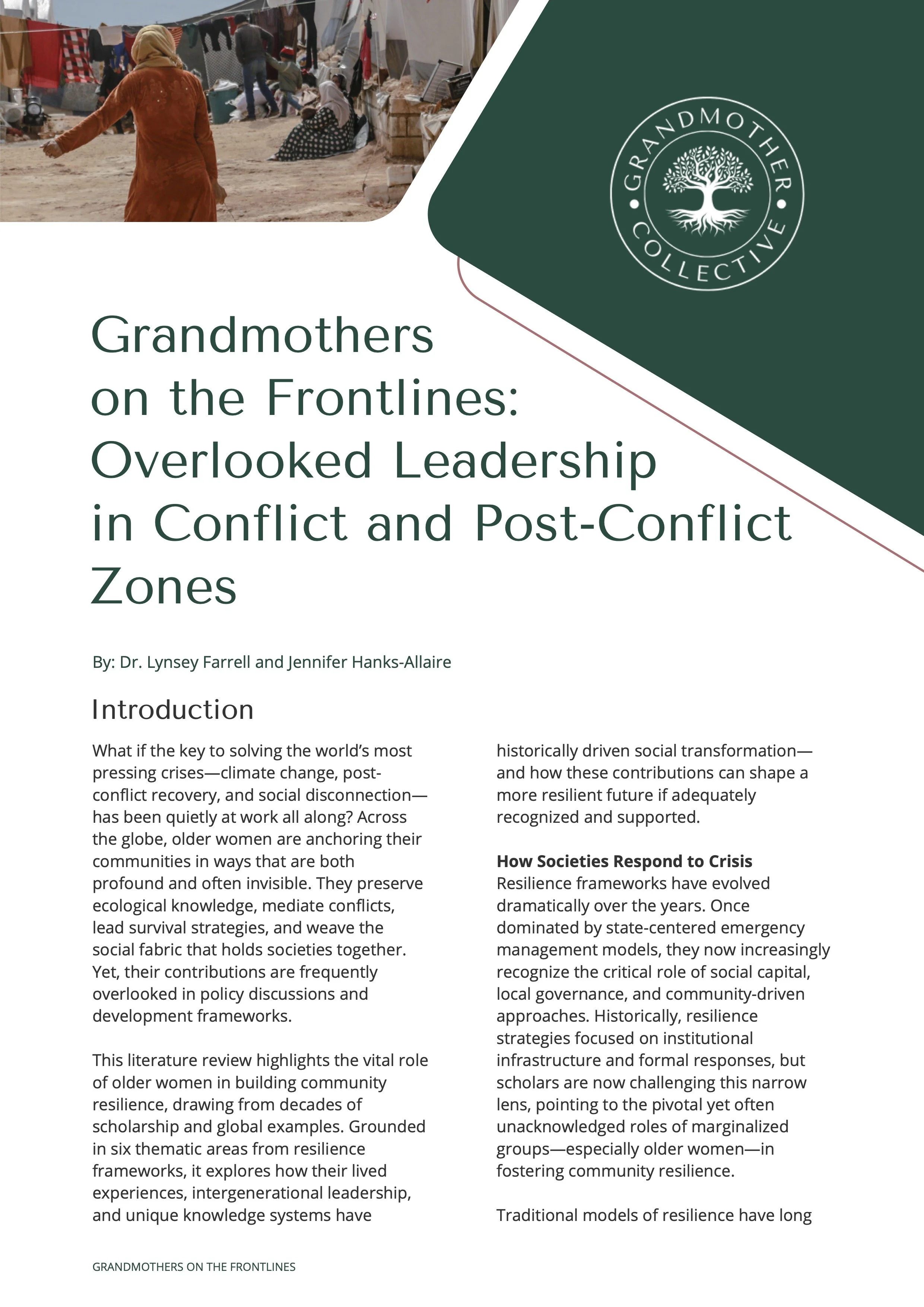 Cover page of a publication titled 'Grandmothers on the Frontlines: Overlooked Leadership in Conflict and Post-Conflict Zones' featuring a photograph of women in a refugee camp or conflict zone, with clothes hanging to dry and women sitting or walking around.