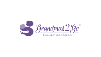 Logo for Grandma's 2 Go Family Coaches featuring two purple handprints and purple text.