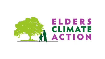 Logo for Elders Climate Action featuring a green tree and two elderly figures walking together, with the organization name in purple and green text.