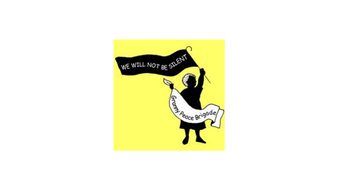 Protest sign featuring a black silhouette of a person holding a banner reading 'WE WILL NOT BE SILENT' and a circular banner around them that says 'European Peace Brigade.'
