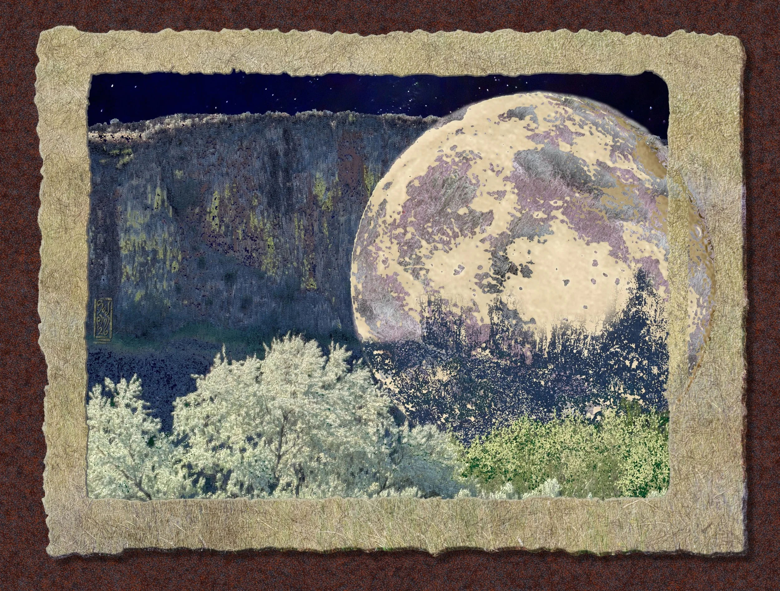 An artistic depiction of a large moon over a dark landscape with trees, mountains, and stars in a night sky, framed with textured beige and dark brown borders.