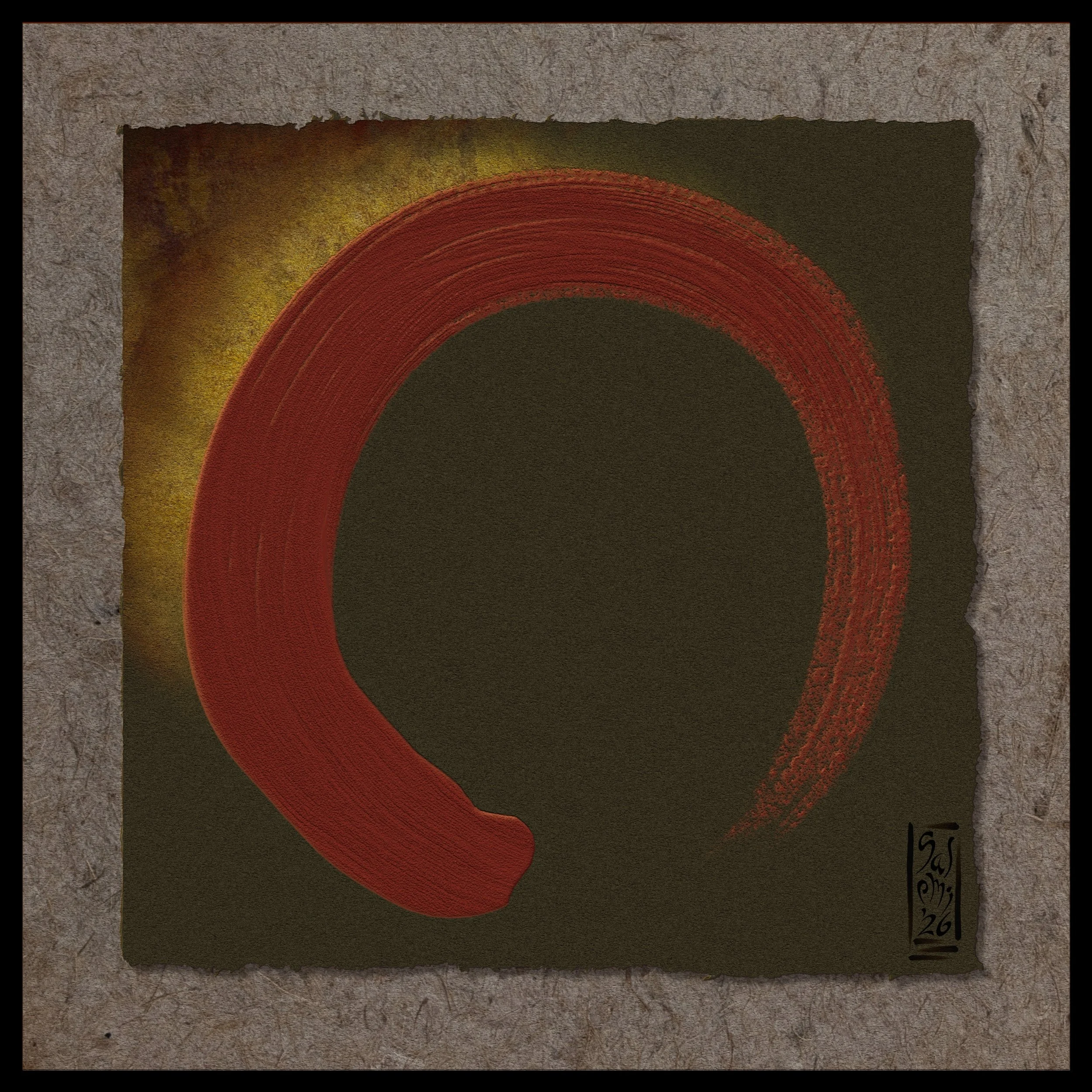 A textured paper background with a red enso / zen-circle and a yellow glow behind it, and handwritten text in black ink at the bottom right corner.