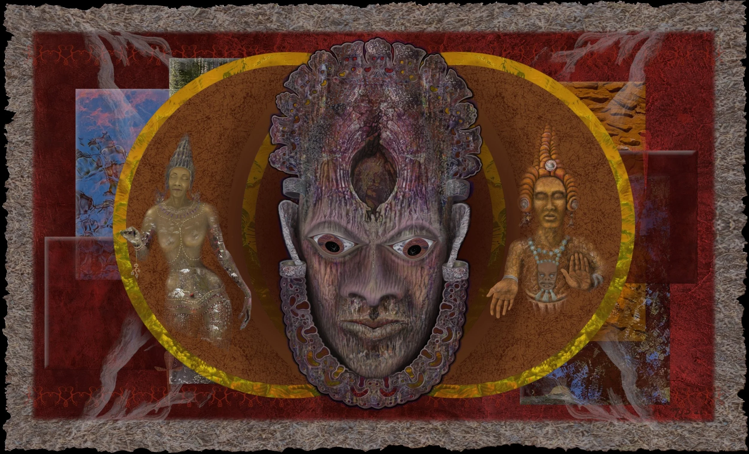 A central Indian deity figure with a large face, smaller deity figures on each side, and intricate patterns and vibrant colors.