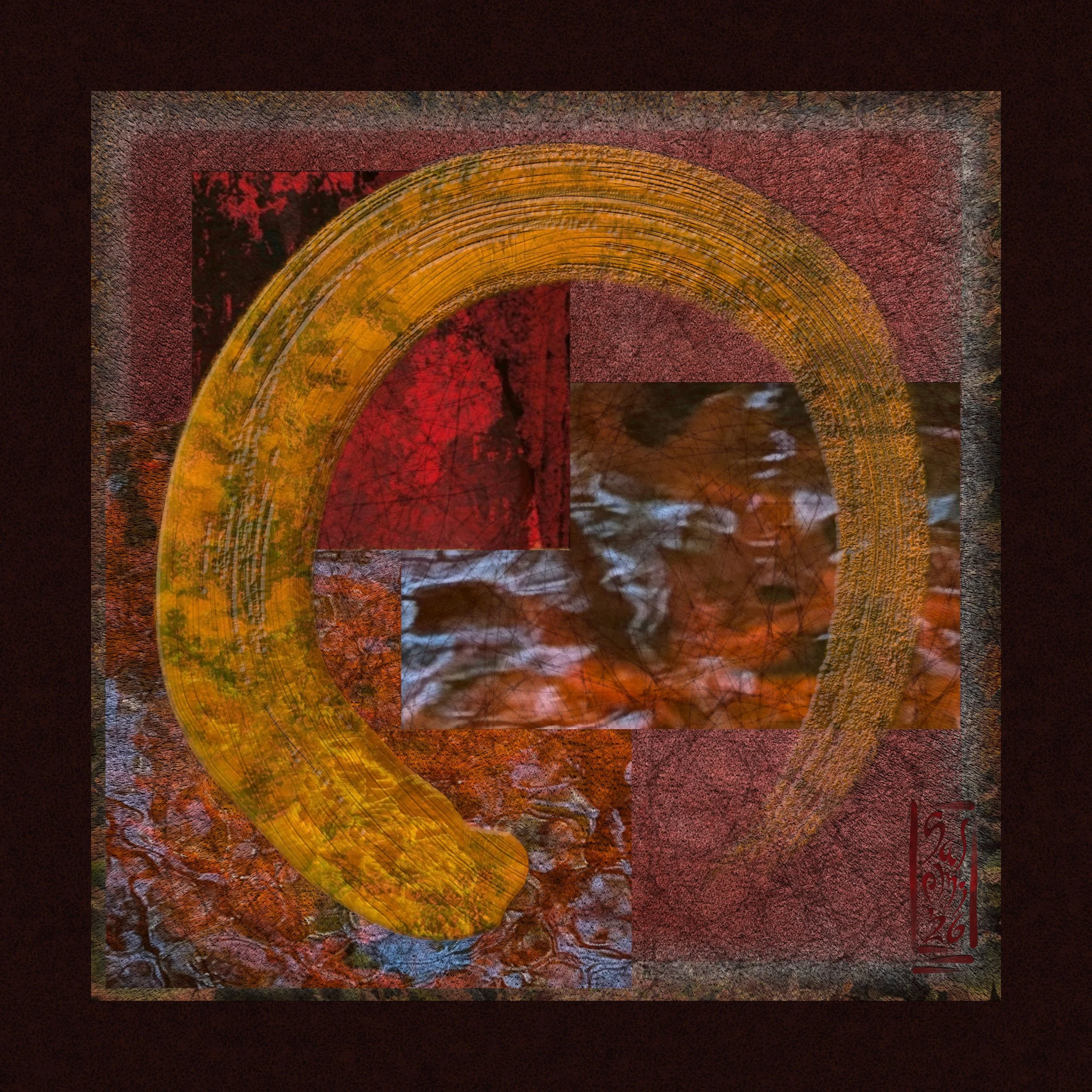 Close-up of an abstract textured artwork featuring an enso / zen-circle with layered shades of yellow, red, and black, set against a dark brown background.