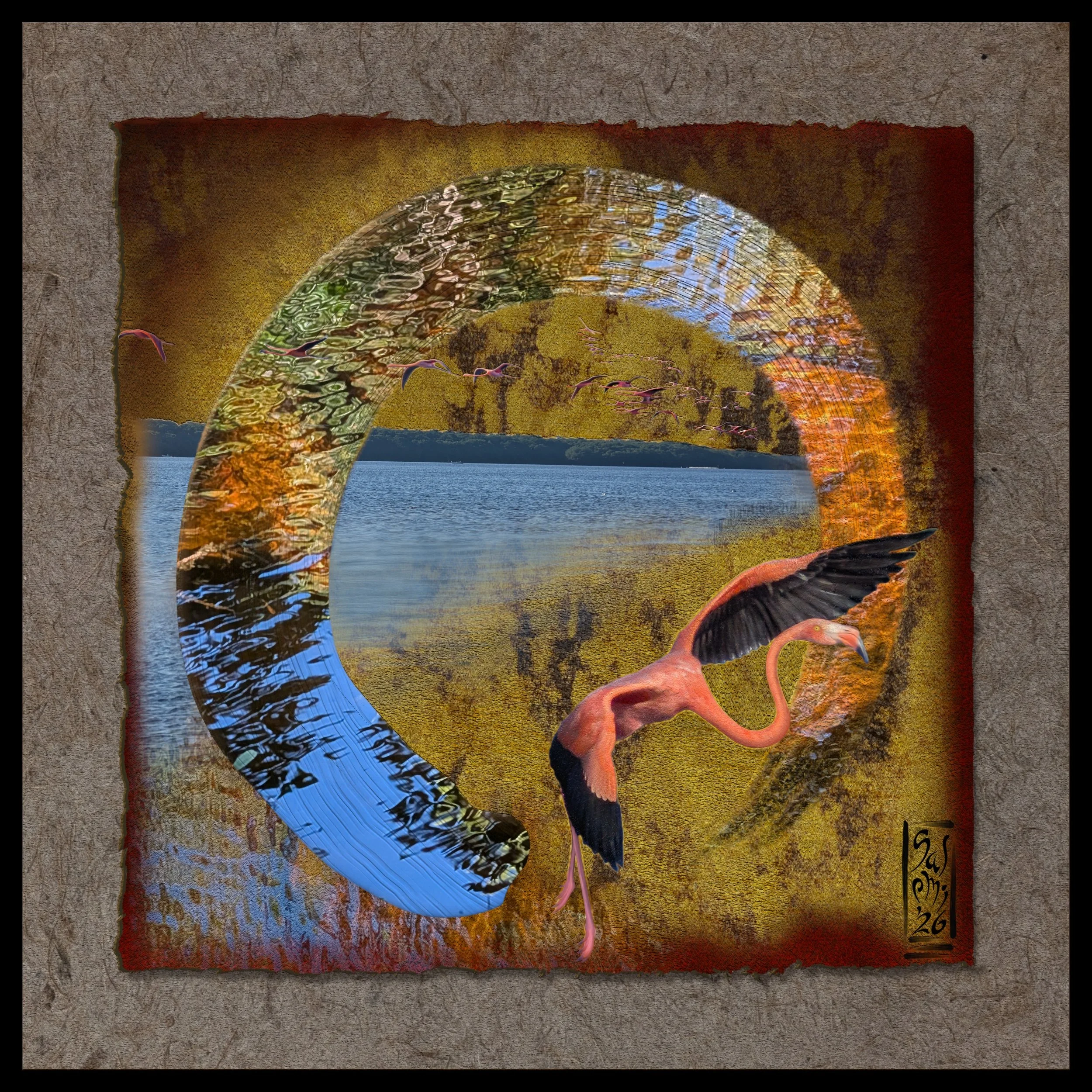 A colorful art piece featuring a Flamingo and a large body of water and trees in the background. The artwork has liquid-like, vibrant colors, with a textured border.