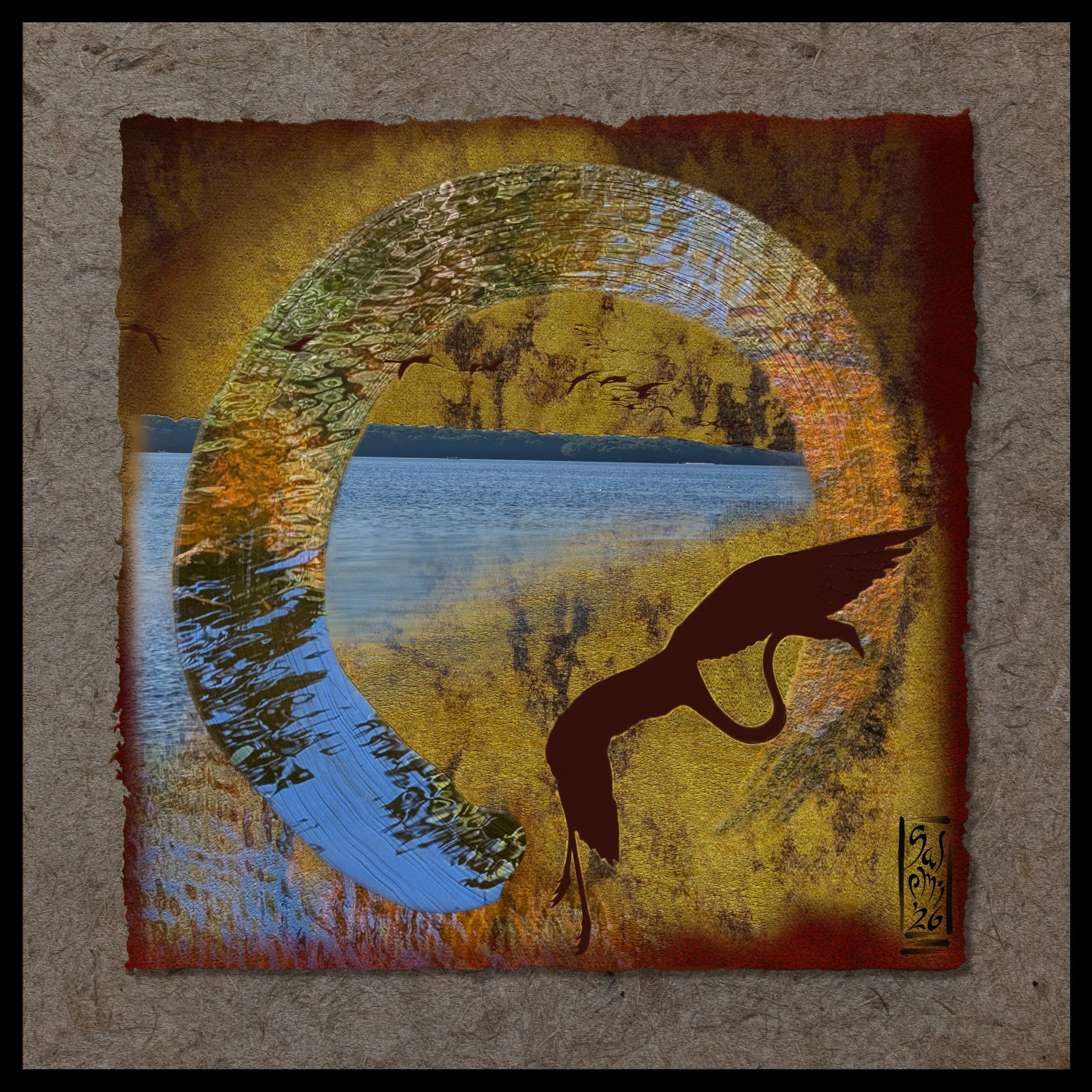 Silhouette of a flamingo with a textured background resembling painted or carved stone and a sunset scene with birds flying over a lake.