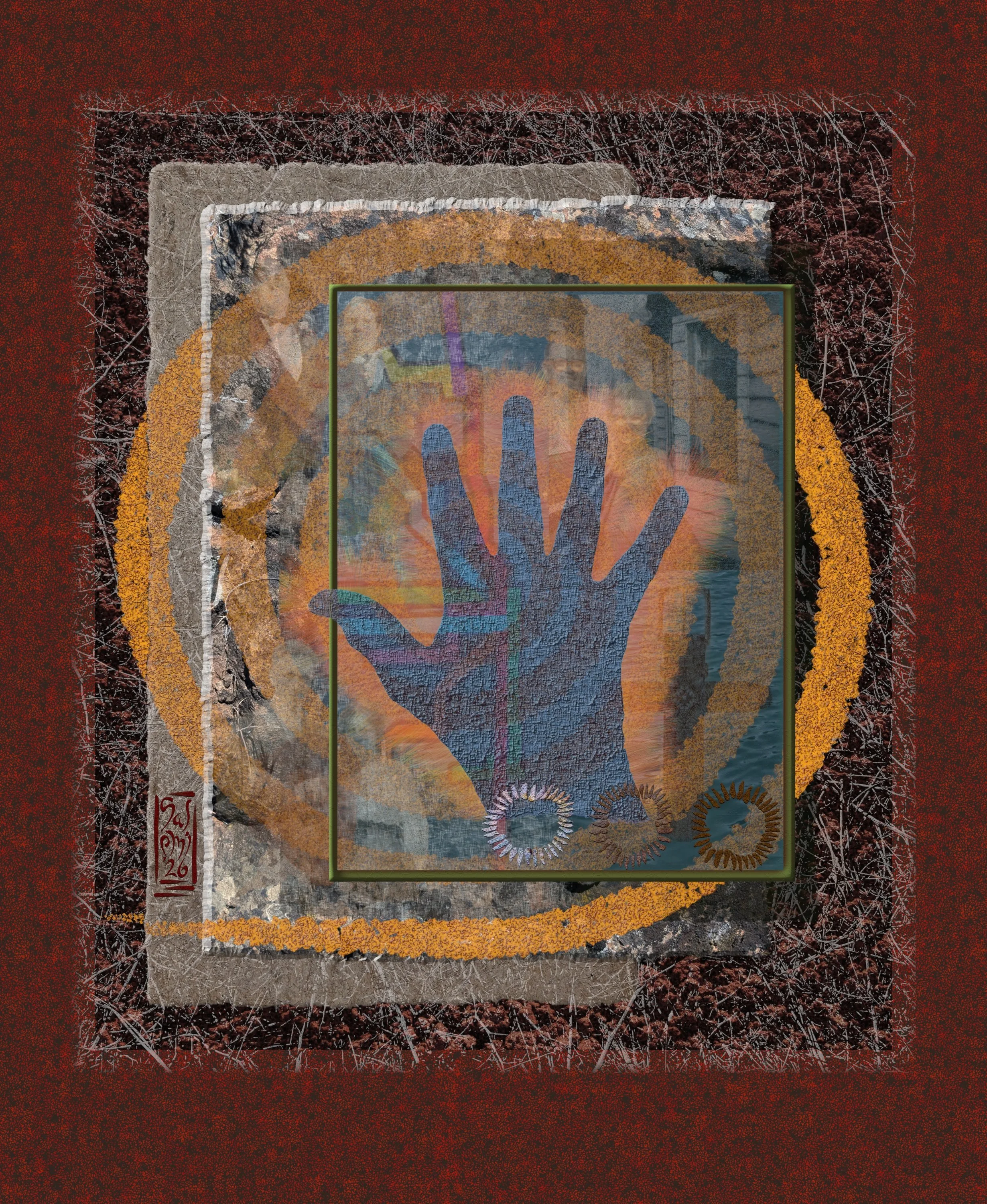 An abstract artwork with layered textures, including a handprint with sunset colors over a background with geometric patterns, surrounded by various borders and decorative elements.