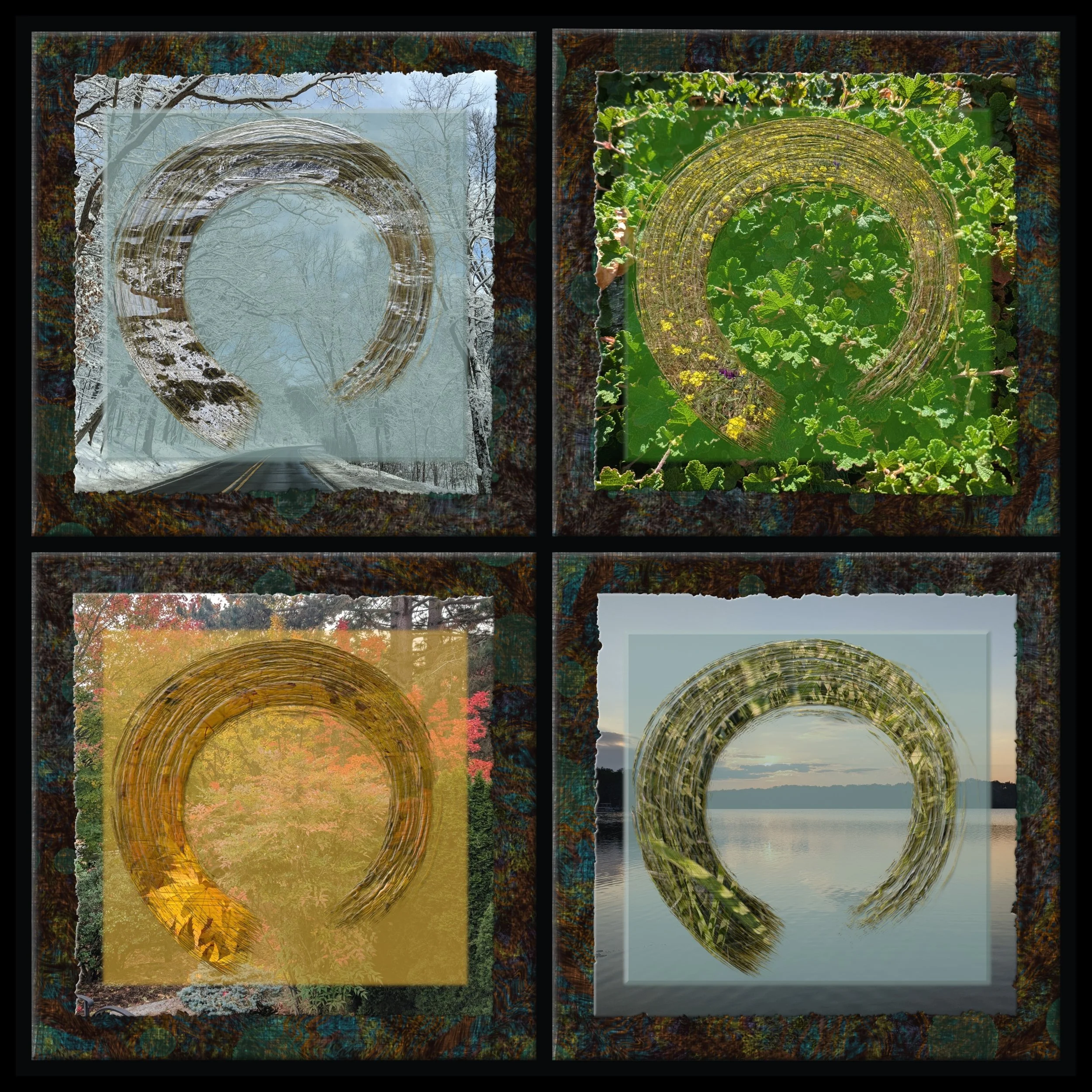 Four images of ensos / zen circles over different outdoor scenes: a snowy winter forest road, a green leafy garden, trees with colorful autumn leaves, and a beach with a sunset sky.