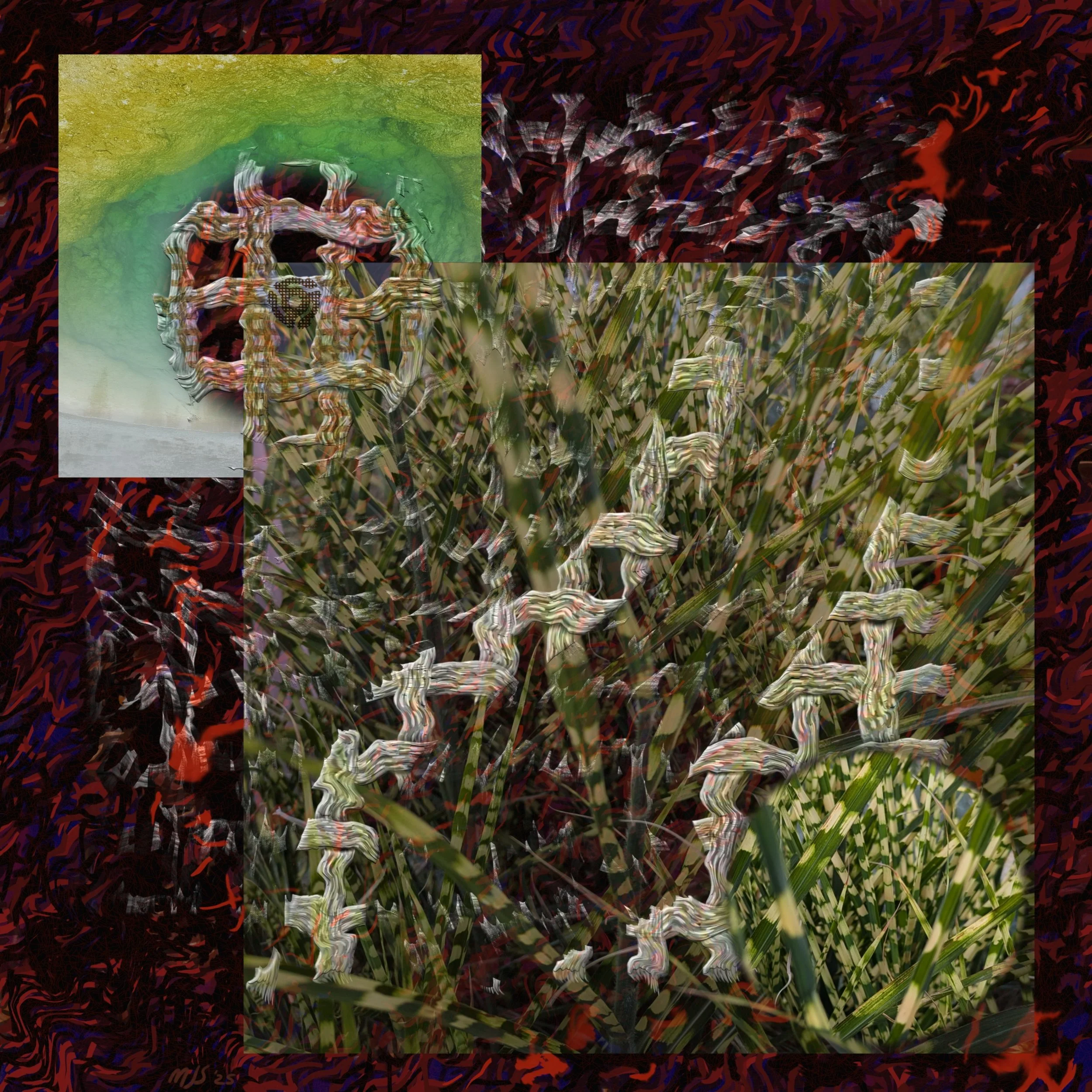 A colorful abstract digital artwork with swirling patterns and textures, predominantly in red, black, purple, green, and yellow colors, with some areas resembling natural elements like grass or tree leaves.