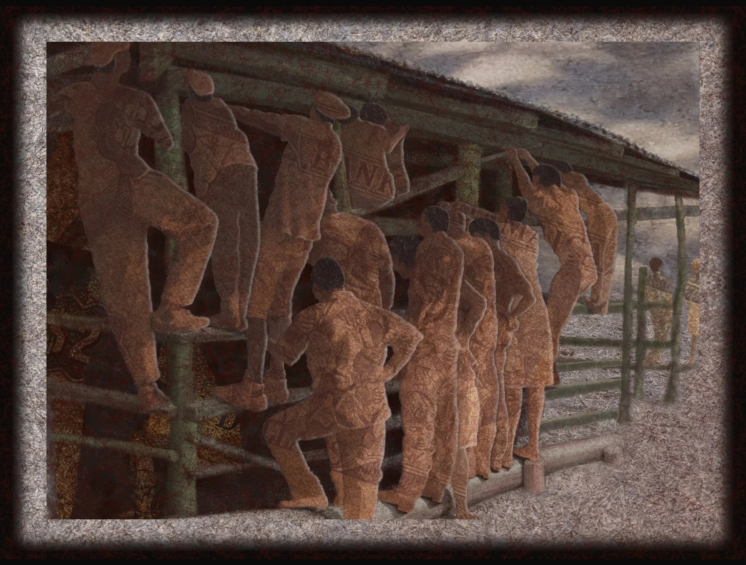 A row of wooden carved dolls hanging from a roof structure outdoors, with a cloudy sky in the background.
